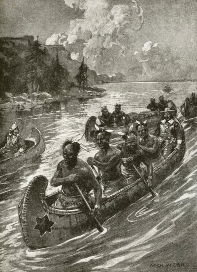 Samuel De Champlain em 1608 subindo o rio St Lawrence nas canoas dos simpáticos índios nativos americanos (litho) de Archibald Bertram (after) Webb