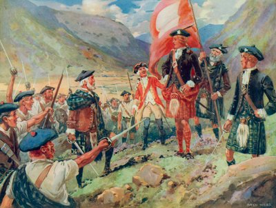 A Elevação do Padrão, Bonnie Prince Charlie desembarca na Escócia em 1745 (cor litho) de Archibald Bertram (after) Webb