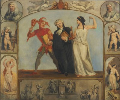 pintura; óleo sobre tela - Retrato de Renton Nicholson com cenas e figuras alegóricas de Archibald Henning