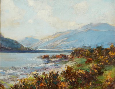 Cena das Terras Altas com Rega de Gado (óleo sobre tela) de Archibald Kay