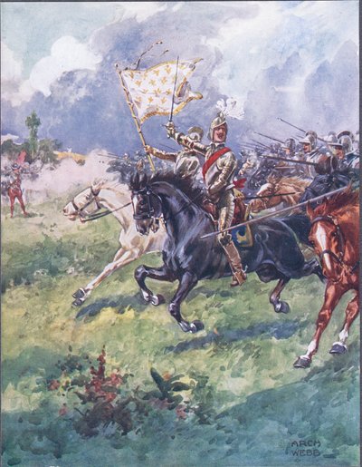 Mil cavaleiros estão pressionando logo atrás, ilustração de Ballads of Famous Fights, c.1900 de Archibald Webb