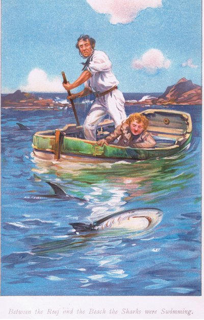 Entre o recife e a praia, os tubarões nadavam, em 1900 de Archibald Webb