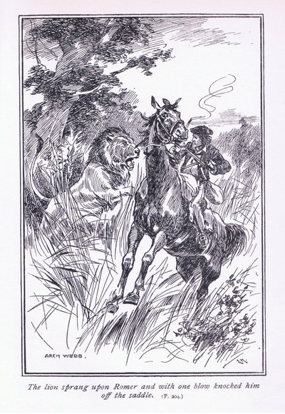 O leão saltou sobre Romer e com um golpe o derrubou da sela, de 1900 de Archibald Webb