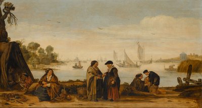 Paisagem fluvial com mulheres a contar a sorte, c.1625-1630 (óleo sobre painel) de Arent Arentsz