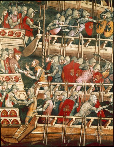 Batalha Naval em Punta Salvore, no Golfo de Trieste. Detalhe da troca de reféns (Fresco de Aretino Luca Spinello or Spinelli