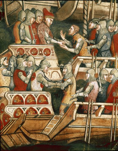 Batalha Naval em Punta Salvore, no Golfo de Trieste. Detalhe da troca de reféns (Fresco de Aretino Luca Spinello or Spinelli