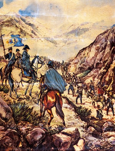 O General José de San Martín, também conhecido como o Libertador do Sul, atravessa os Andes com o seu exército em direção ao Peru de Argentinian School