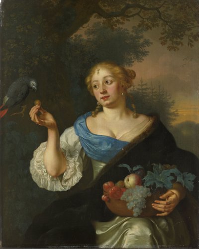 Uma jovem mulher com um papagaio de Arie de Vois