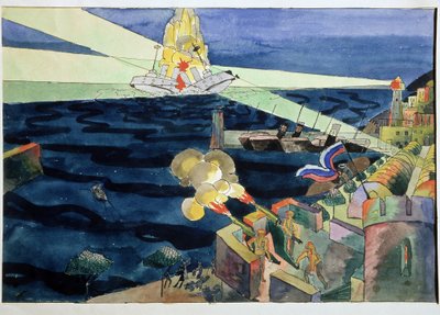 Uma Batalha Naval. A defesa da costa fortificada, as armas disparadas num navio de guerra que se desfaz no meio das explosões. Trabalho de Aristarkh Vasilyevich Lentulov (Lentulov) (1882-1943), aguarela sobre papel de Aristarkh Vasilievic Lentulov