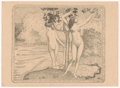 Duas mulheres tomando banho debaixo de uma árvore à beira-mar Deux bagneuses nues sous un arbre au bord de l