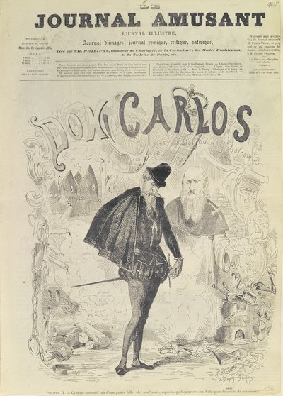 Primeira página de &39;Le Journal Amusant&39;, com uma caricatura de Don Carlos, da ópera &39;Don Carlos&39;, de Giuseppe Verdi (1813-1901): de Arjou Henri and Lafosse, G Darfou