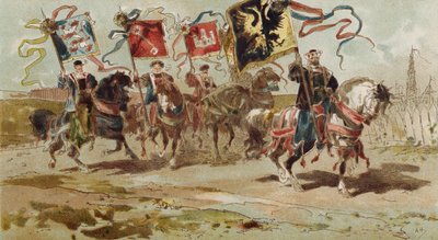 Cavaleiros carregando bandeiras da Liga Hanseática e algumas de suas cidades membros, Holanda Espanhola, Século XVI de Armand Jean Heins