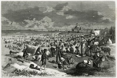 Ostend Beach. Gravura de A. Heins, para ilustrar a história "La Belgique", de Camille Lemonnier (1844-1913), escritor e crítico de arte. Publicado na revista Tour du monde new journal des voyages de Armand Jean Heins