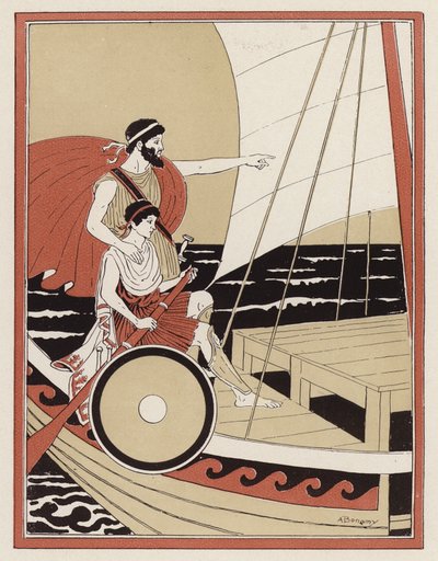 Atena guiando Telêmaco em sua busca por Odisseu (lito colorido) de Armand Joseph Bonamy
