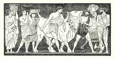 Nestor e seus companheiros levando uma novilha para ser sacrificada (litho) de Armand Joseph Bonamy