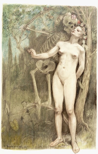 Nu feminino com a morte como um esqueleto de Armand Rassenfosse