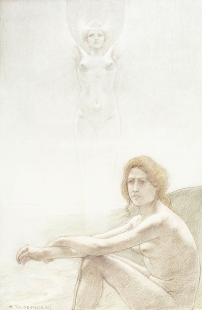 Nua feminina sentada com uma figura feminina fantasmagórica ao fundo de Armand Rassenfosse