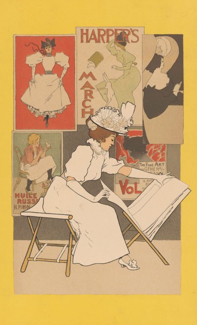 Mulher sentada em um carrinho olhando para impressões, 1897 de Armand Rassenfosse