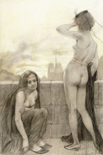 Duas mulheres parcialmente vestidas por uma parede em uma cidade de Armand Rassenfosse