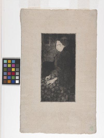 Femme Assise Avec Chapeau À Plumes (Mulher sentada com chapéu de penas) (gravura, ponto seco e estilete) de Armand Séguin