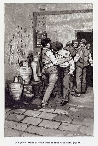 Convite para o duelo siciliano pelo "beijo" mortal, na verdade uma dentada na orelha. Ilustração de Arnaldo Ferraguti para a nova "" Cavalleria Rusticana "" de Giovanni Verga. 1897 de Arnaldo Ferraguti