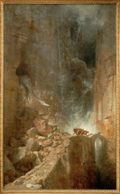 Ein Drache in einer Felsenschlucht - Um dragão num desfiladeiro rochoso ... (pintura sobre tela) de Arnold Böcklin