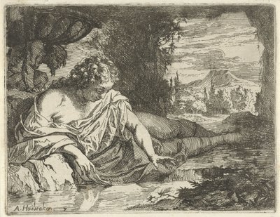 Narciso Cena de estátuas sinne abertas ao serviço de pintores, porta-estátuas, etc. (título da série) de Arnold Houbraken