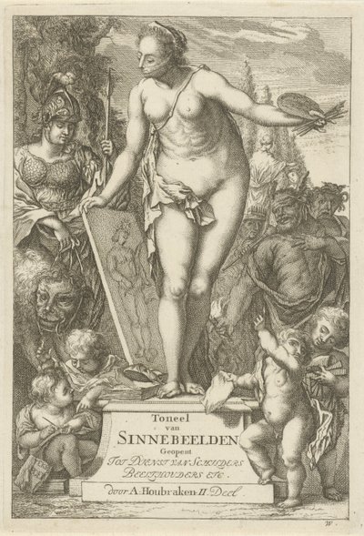Personificação da pintura em um pedestal Impressão do título de: Toneel van sinnebeelden, segunda parte Cena de estátuas sinne abertas a serviço de pintores, porta-imagens etc. (título da série no objeto) de Arnold Houbraken