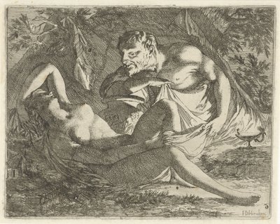 Ninfa adormecida observada por um sátiro Teatro de imagens sinne aberto ao serviço de pintores, porta-imagens, etc. (título da série) de Arnold Houbraken