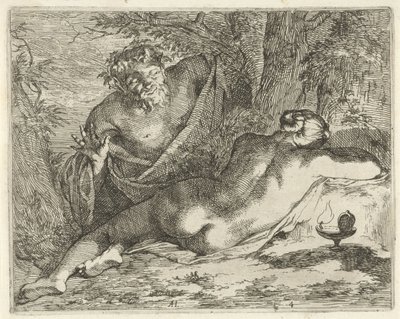 Ninfa adormecida espiada por um sátiro
Cenografia de imagens sinne abertas ao serviço de pintores portadores de imagens, etc. (título da série) de Arnold Houbraken