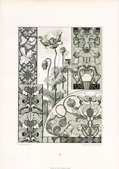 Ornamentos de flores de papoila em monocromático (litografia) de Arnold Lyongrün