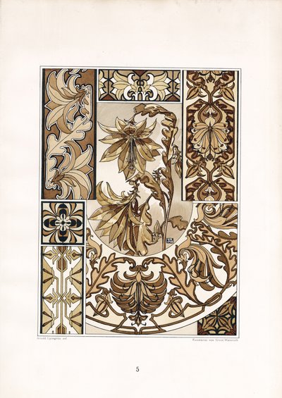 Ornamentos de folhas estilizadas em tons de sépia (litografia) de Arnold Lyongrün