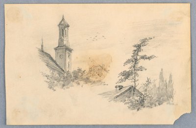 Esboço da torre da igreja e do telhado de Arnold William Brunner