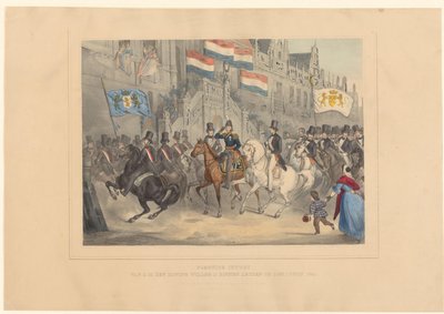 Entrada do rei Guilherme II em Leiden, 1841 Solene Intogt de H.M. den Koning Willem II em Leyden em 1 de junho de 1841 (título no objeto) de Arnz and Co.