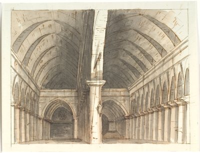 Interior do piso inferior de uma igreja (?) com colunas e abóbada de Aron Wallick