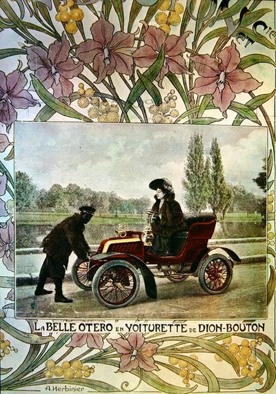 La Belle Otero ao volante de um carro De Dion-Bouton, c.1900 de Arsene Herbinier