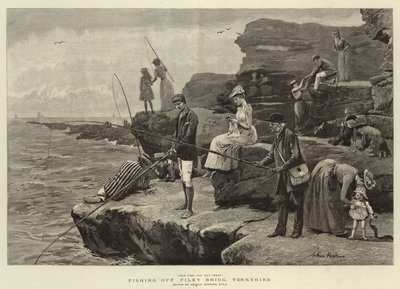 Fishing off Filey Brigg, Yorkshire (gravura) de Arthur (after) Hopkins