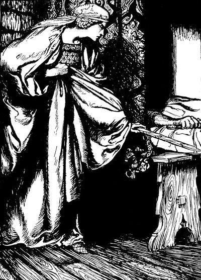 Morgan le Fay roubando a espada de Arthur de Arthur (after) Rackham