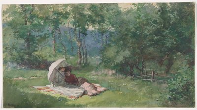 Duas mulheres a ler num campo de Arthur Bowen Davies