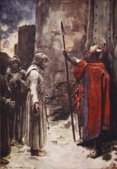 Descalço, vestido com um cilício, Henry apareceu diante dos portões, implorando por admissão, ilustração de 