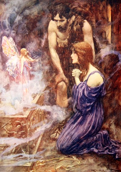 Fora voou uma bela criatura parecida com uma fada com asas cor de arco-íris (cor litho) de Arthur C. (after) Michael