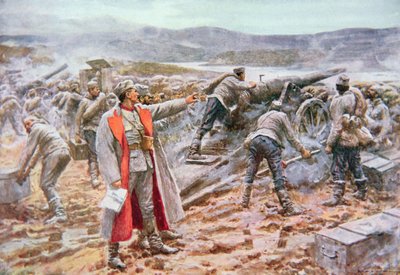 Artilharia sérvia em acção contra os austríacos (cor litho) de Arthur C. (after) Michael