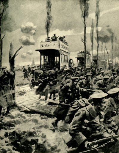 Os ônibus de Londres costumavam transportar tropas para a frente, Primeira Guerra Mundial, 1914-1918, c1920. de Arthur C. Michael