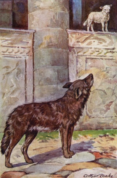 As Fábulas de Esopo: The Kid and the Wolf (cor litho) de Arthur Claude Cooke