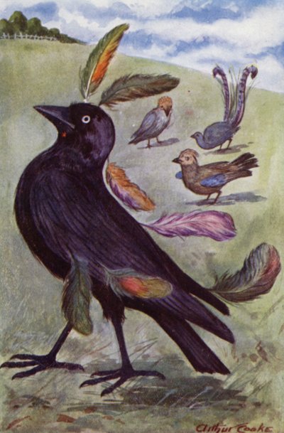As Fábulas de Esopo: O vaidoso Jackdaw (cor litho) de Arthur Claude Cooke