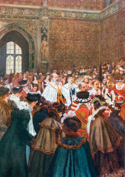 Abertura do Parlamento pelo Rei Eduardo VII (litografia a cores) de Arthur David (after) McCormick