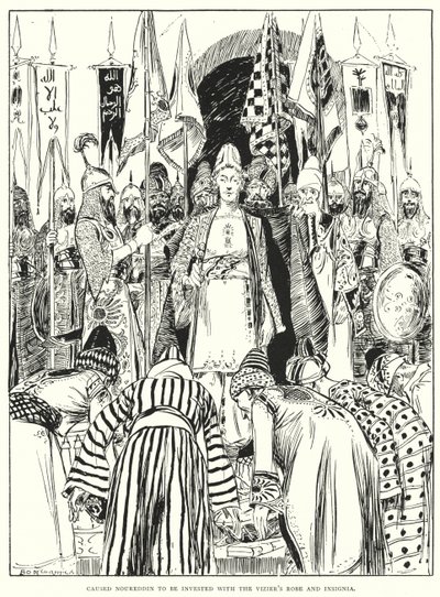 Fez com que Noureddin fosse investido com o roupão e a insígnia do vizir (gravura) de Arthur David McCormick