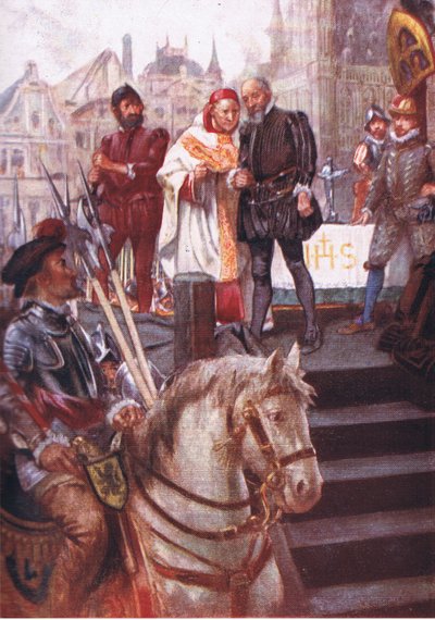 No centro da praça, um andaime foi erguido, ilustração do Romance da História: Holanda, década de 1920 de Arthur David McCormick