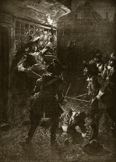 Os partidários de King Charles II atacam Sir John Coventry, 1670, ilustração da "História da Nação Britânica" de Hutchinson, c.1920 de Arthur David McCormick