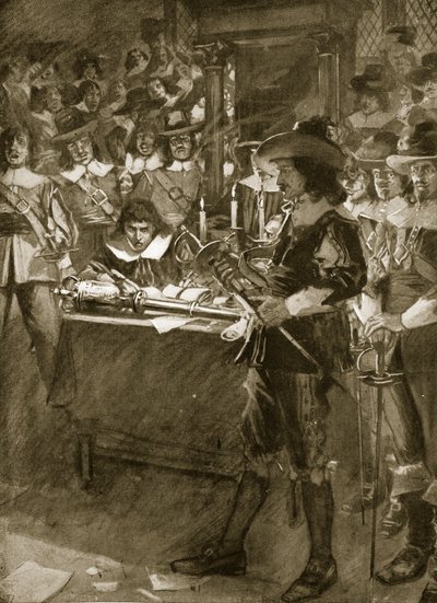 Strafford entregando sua espada para a Câmara dos Comuns, ilustração da "Hutchinson&39;s Story ofthe British Nation", c.1923 de Arthur David McCormick